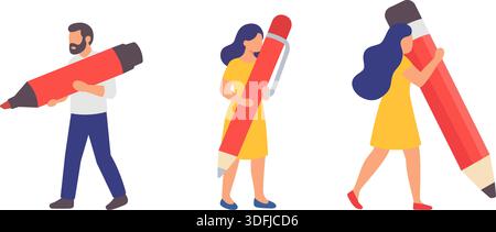 Group of three people with oversized red and yellow writing tools. Flat vector characters for teamwork, study, and creativity design concepts. Stock Vector