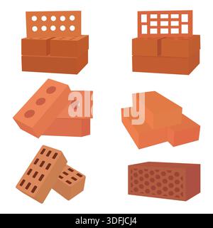 Set of red clay bricks collection for construction and architecture isolated on white background Stock Vector