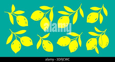Yellow lemons on teal background. Vibrant vector design of stylized citrus fruit branches and leaves Stock Vector