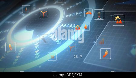 Displaying central radial interface on dark blue grid, showing wind turbine, plug, footprint icons Stock Photo