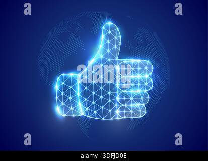 Thumbs up hand gesture glowing in blue neon polygon mesh. Digital interface design and futuristic data background Stock Vector