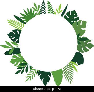 Tropical circular frame with green jungle leaves. Botanical wreath design for invitations, cards, and nature decorations Stock Vector