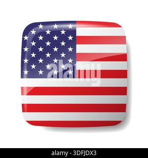 3D glossy square United States flag icon. Rounded corner American flag button isolated on white background. Professional design for apps, websites, an Stock Vector