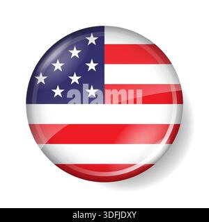 3D glossy round United States flag badge. Patriotic American button icon isolated on white background. Perfect for voting, election, and national holi Stock Vector