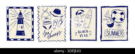 Sketch vintage beach sea vacation posters with summer doodles. Hand drawn postcards with lighthouse and surfboard, life ring and tropical elements in retro line frames with text and coastal icons. Stock Vector