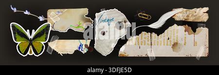Vintage diary notes with natural materials on black. Vector realistic illustration of dirty torn paper pieces, butterfly sticker, flower and feather attached to ripped notebook pages with old stains Stock Vector