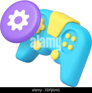 Gaming controller and settings gear icon for app and web UI. Concepts of play, control, configuration, options, and system. Modern 3d icon realistic v Stock Vector