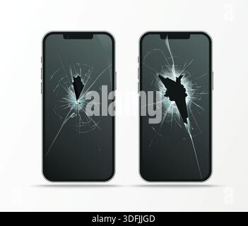 broken display in mobile phone, cracked glass Stock Vector