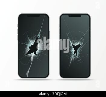 broken display in mobile phone, cracked glass Stock Vector