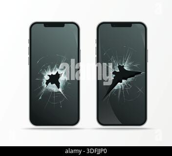 broken display in mobile phone, cracked glass Stock Vector