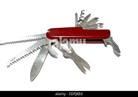 A multi-tool pocket army knife, a compact, folding device that combines multiple functions (tools) into a single, portable unit, screwdriver, can open Stock Photo