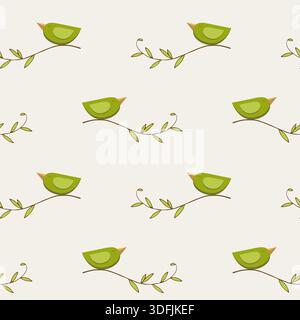 Spring Birds singing on branch, seamless pattern with birds and doodle branch on light background. Vector illustration Stock Vector