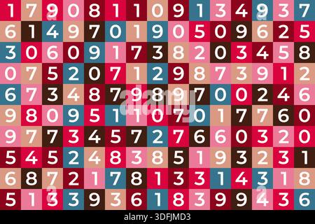 Numbers on red, Seamless grid of multicolored squares each containing digits from 0 to 9, for educational materials, playful backgrounds, school and k Stock Vector