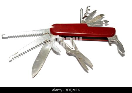 A multi-tool pocket army knife, a compact, folding device that combines multiple functions (tools) into a single, portable unit, screwdriver, can open Stock Photo