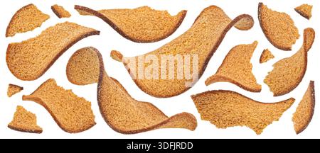 Thin rye bread croutons isolated on white background, full depth of field Stock Photo