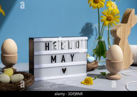 HELLO MAY text on Lightbox with bunny wooden figures eggs and fresh flowers. Easter composition content still life. Christian symbols of spring holiday  Stock Photo