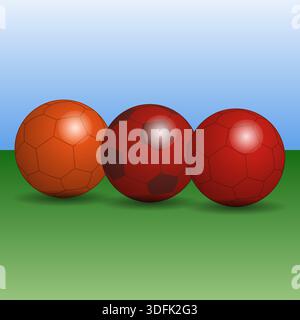 Soccer and football ball in red color style on the football field, vector illustration Stock Vector