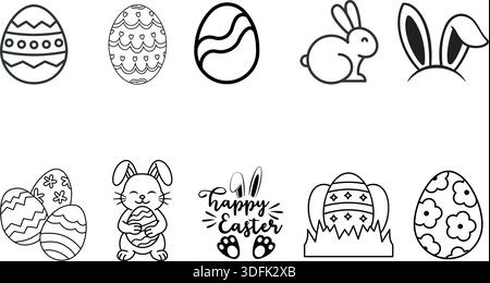 Minimalist line art icons depicting essential Easter themes, including a decorated egg, a sweet rabbit outline, and prominent bunny ears ready for the Stock Vector