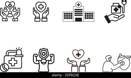 A set of stylized icons representing essential healthcare elements, including community care, a central hospital building, medical support services Stock Vector