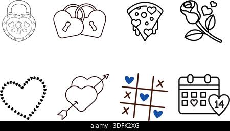 A graphic assortment of romantic vector icons featuring heart padlocks, linked hearts pierced by an arrow, Tic-Tac-Toe game with blue hearts, and the Stock Vector