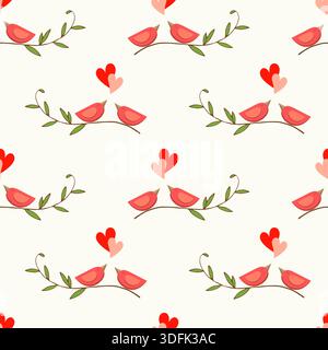 Lovebirds sing serenades of love, birds on branch, and hearts. Romantic pattern. Vector illustration Stock Vector