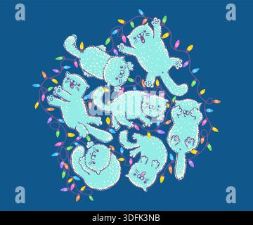 Vector illustration of cute kawaii cats with garland. Vector cats for Christmas design. Sticker of kitty cat with Christmas garland. Stock Vector