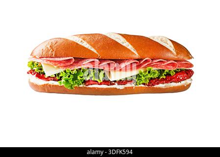 Sandwich with sliced salami, cheese, dried tomato and lettuce isolated on white Stock Photo