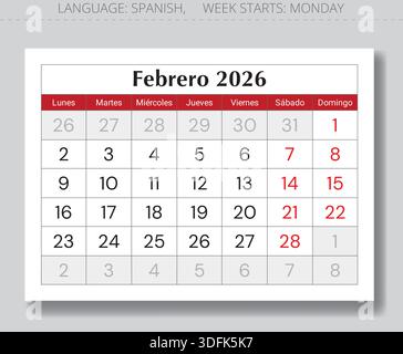 February 2026 Spanish calendar month planner - Febrero. Monthly vector ...