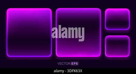 Vibrant purple neon frames with rounded corners glowing on a dark background, perfect for modern UI or design elements. Vector illustration Stock Vector