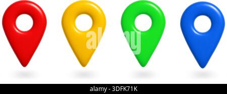 3D map pin location marker in red, blue and green, yellow plastic pins for travel, GPS navigation, direction and route concept. Realistic vector set Stock Vector