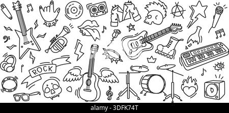 Rock music doodle. Guitar, skull and crown for punk art, grunge texture, and vintage tattoo, sticker. Vector set of fun fire, heart and microphone for Stock Vector