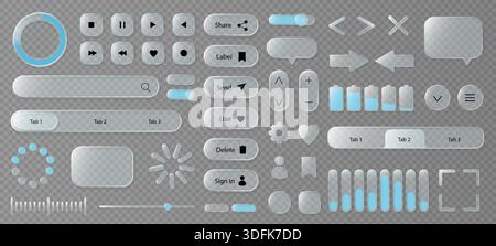 Glassmorphism UI set. Transparent glass search bar and frosted buttons for app dashboard template, realistic glossy wireframe and glass interface Stock Vector