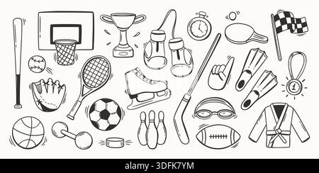 Sports equipment doodle. Line balls and baseball, soccer and basketball, tennis and boxing gear for competition, fitness and winner, team sticker Stock Vector