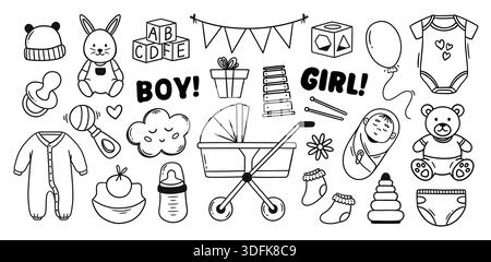 Baby accessories doodle with hand drawn stroller and pacifier for newborn, baby shower invitation and nursery or gender reveal design. Vector set of Stock Vector