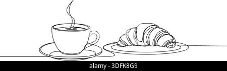 continuous line drawing of cup of coffee and croissant on plate, breakfast line art vector illustration Stock Vector