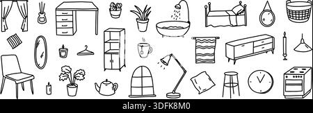 Home furniture doodles. Hand drawn lamps and chairs, desk and bed, houseplant and window for living room or kitchen interior decor. Bedroom, bathroom Stock Vector