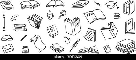 Books doodles. Hand drawn book stacks and graduation caps for education concept, school sticker and library or learning art. Doodle symbols for Stock Vector