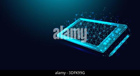 Low poly wireframe graphics tablet and stylus on dark blue background. Stock Vector
