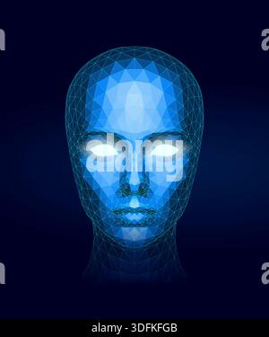 Futuristic Low-Poly Digital Face with Glowing Eyes on Dark Tech Background Stock Vector
