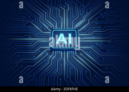 Futuristic AI Microchip with Glowing Circuit Network on Dark Blue Background Stock Vector