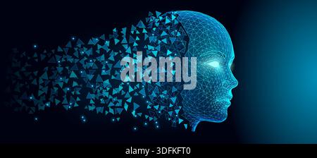 Digital AI Face Emerging from Triangular Fragments with Glowing Wireframe Mesh on Dark Background Stock Vector