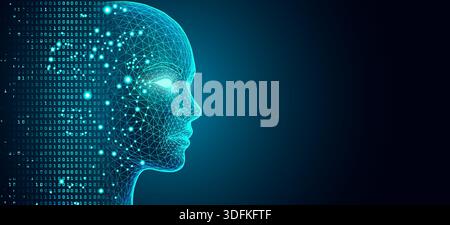 Futuristic AI Head with Glowing Eye and Binary Code Streams on Dark Neural Network Background Stock Vector