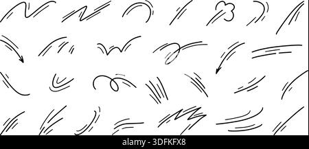 Speed motion doodle set. Sketch wind swoosh trails and fast dynamic curves for comic action, anime impact effects, cartoon manga energy highlight Stock Vector