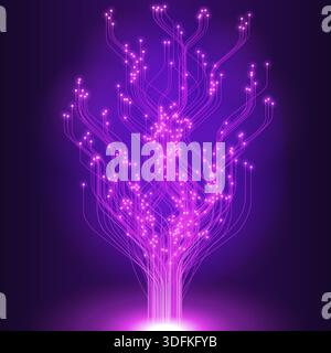 Glowing Pink Purple Data Tree of Interconnected Lines and Nodes on Dark Gradient Background Stock Vector