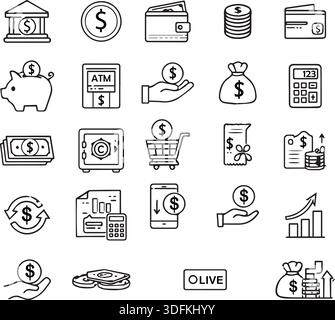 Financial Services and Banking Line Icons Set for Money Management and Investment. Clean vector line icons representing finance, banking, currency. Stock Vector