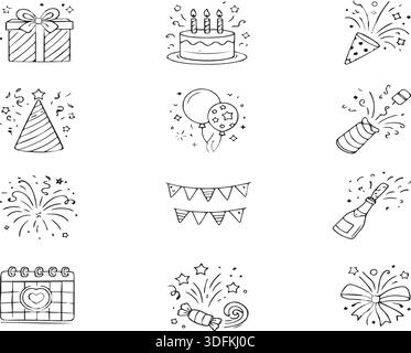 Minimalist Birthday Party Line Icons Set featuring Cake Gifts Balloons and Celebration Elements. A collection of clean line icons. Stock Vector