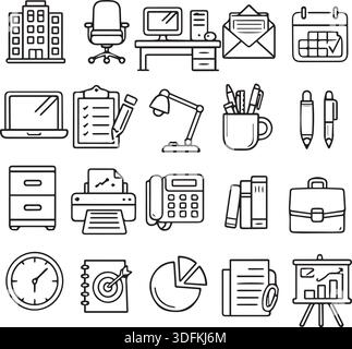 Workspace and Office Stationery Line Icons Set for Productivity and Professional Business. Stock Vector