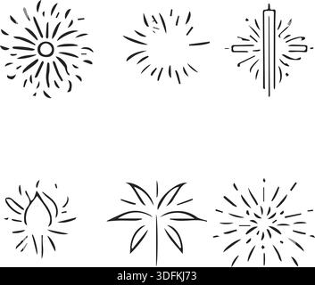 A set of thin line icons depicting various fireworks shapes and celebratory pyrotechnic displays. Stock Vector