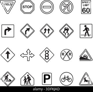 International Road Signs and Traffic Signal Line Icons for Safety and Navigation. Stock Vector