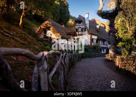 Cobblestone path with rustic wooden fence leads past traditional thatched roof houses at Queimadas Forest Park near Santana on Madeira in warm morning Stock Photo